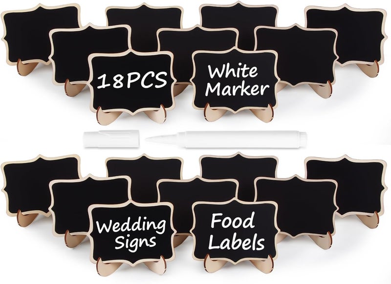 Herda 18 PCS Mini Chalkboard Signs with Easel Stand, Wooden Blackboard Labels for Wedding Celebration, Name/Place Cards, Food Labels for Party Buffet, Reusable Signs/Message Boards/Table Numbers etc. - Image 1